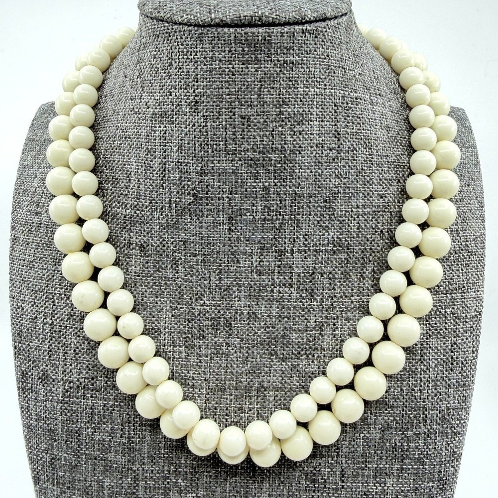 Ivory Cream Round Bead Necklace Double Strand Chunky Boho Statement Collar Style